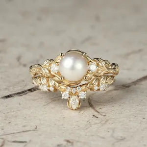 Embrace of Nature: Pearl Leaf Ring Set