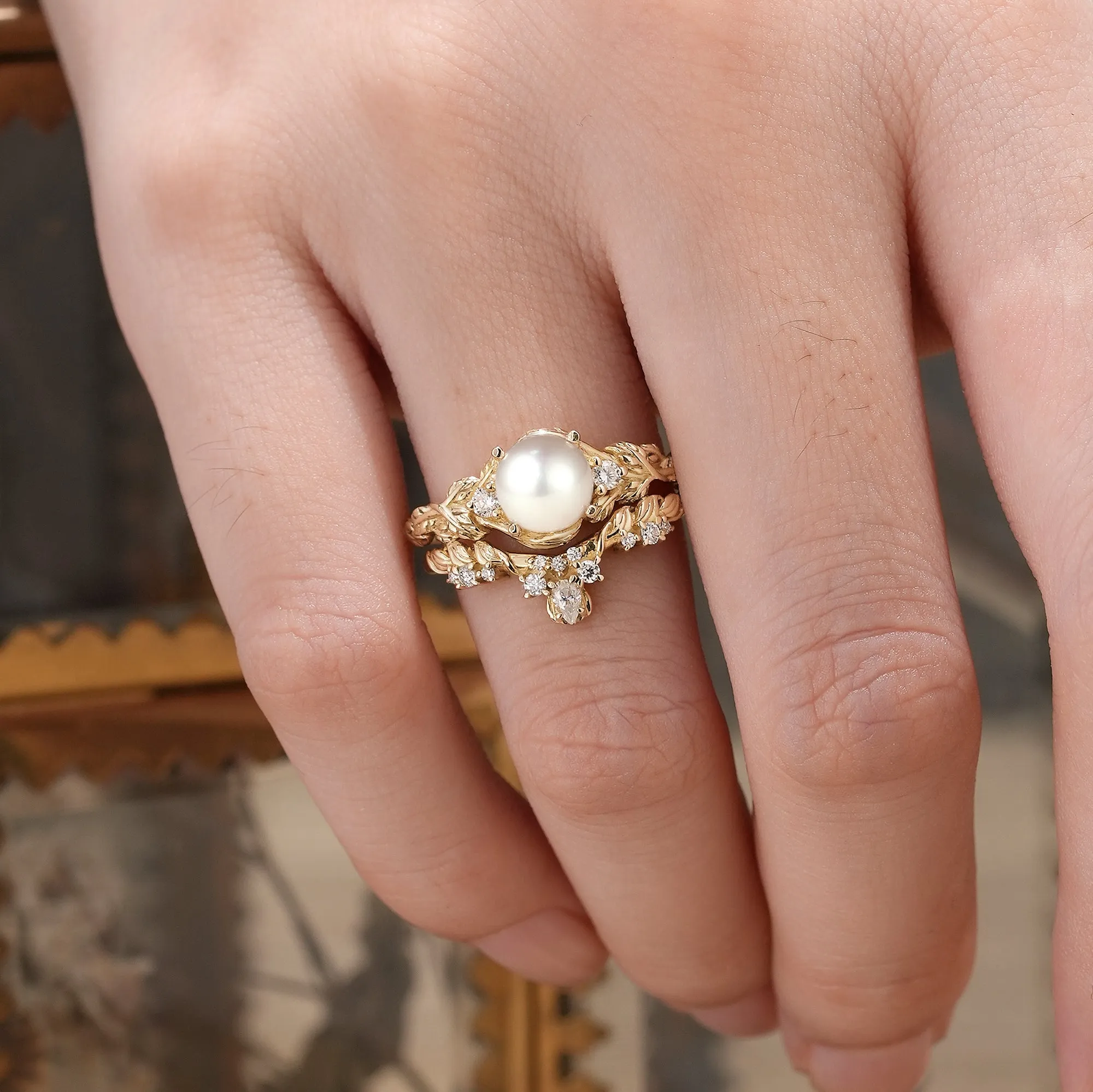 Embrace of Nature: Pearl Leaf Ring Set