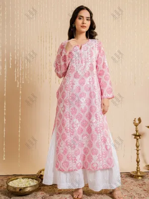 Fizaa Chikankari Kurta in Mul cotton in Pink Print