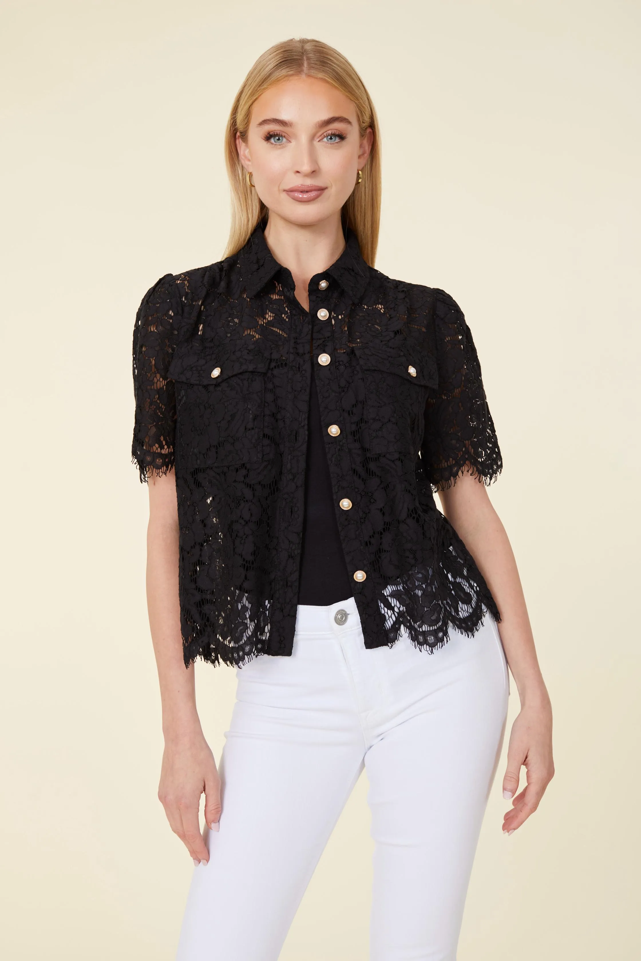 Floral Lace Pearl Button Blouse