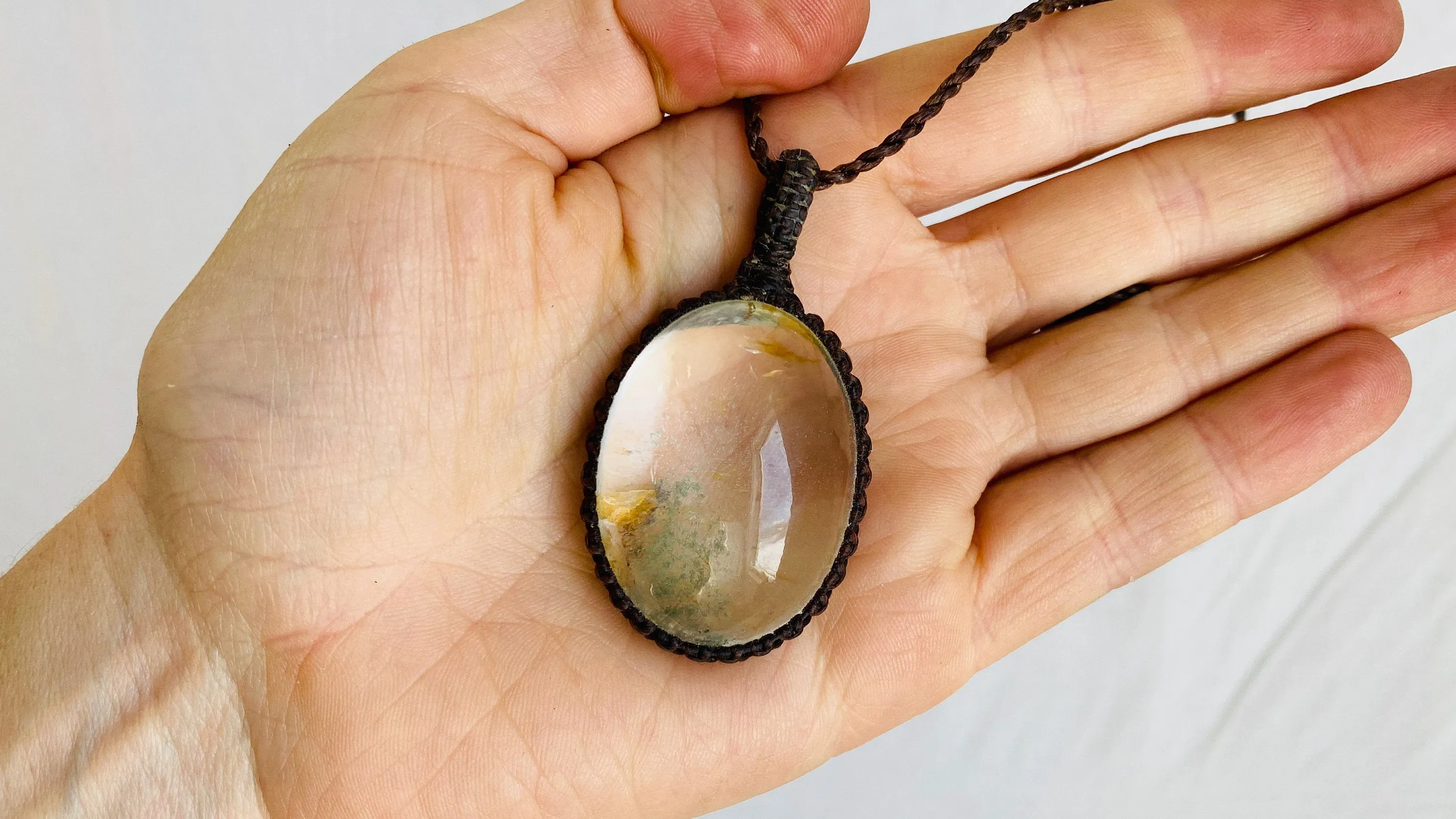 Garden Quartz Pendant Necklace. Crocheted Waxed Linen. 0203