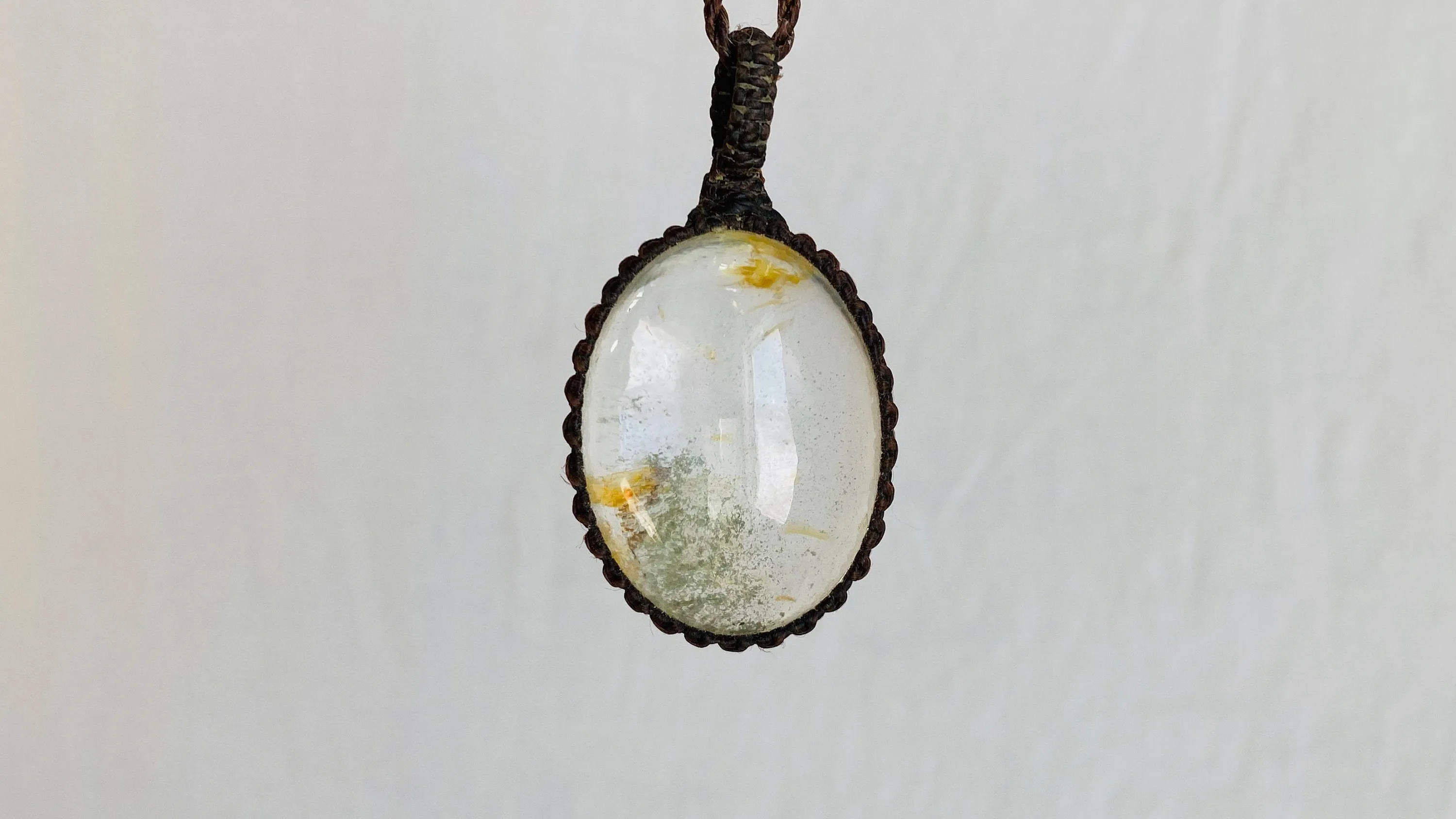Garden Quartz Pendant Necklace. Crocheted Waxed Linen. 0203
