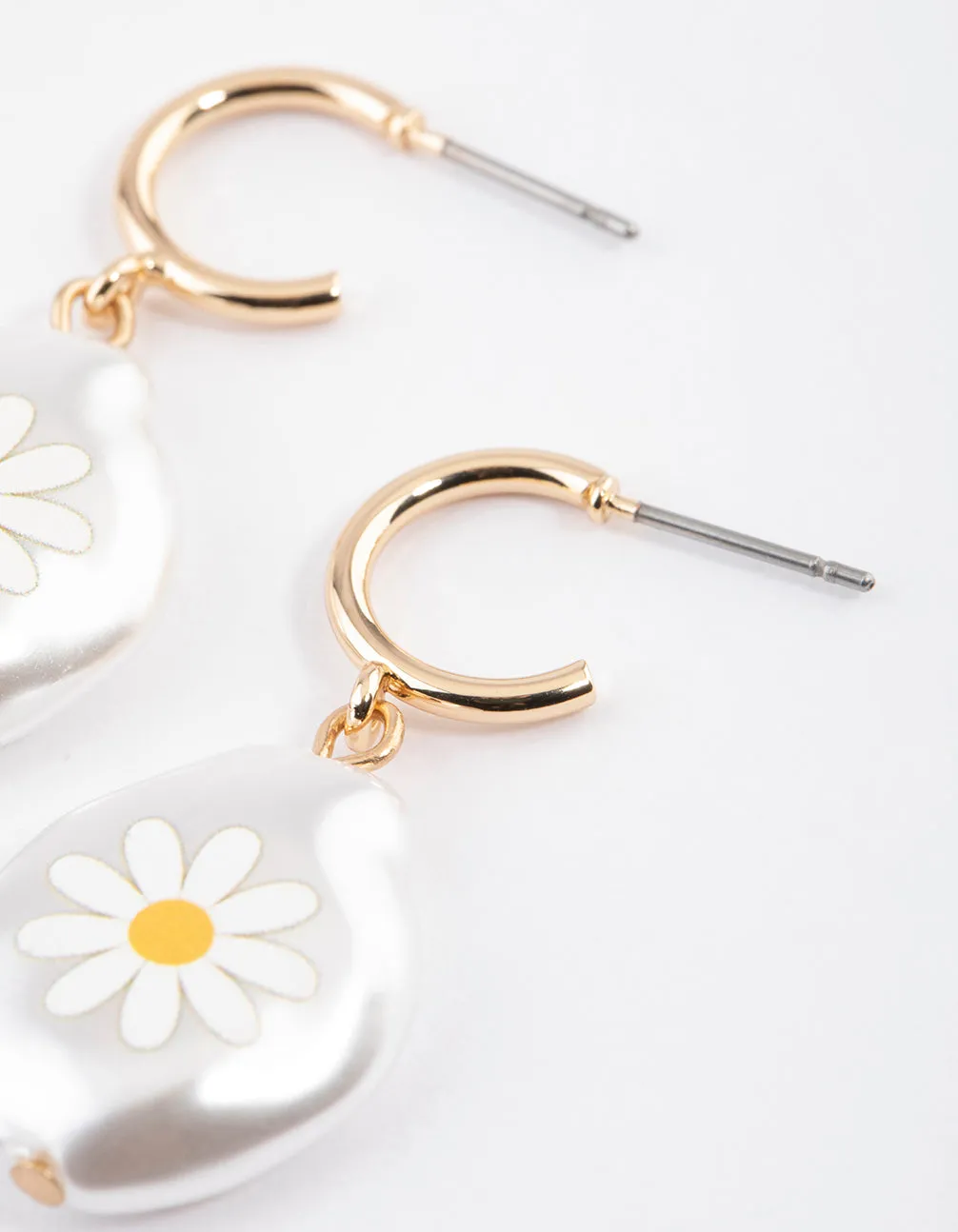 Gold Daisy Flower Pearl Huggie Earrings