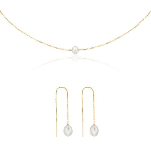 Gold Large Pearl Drop Ear Threaders and Single Pearl Choker Gift Set