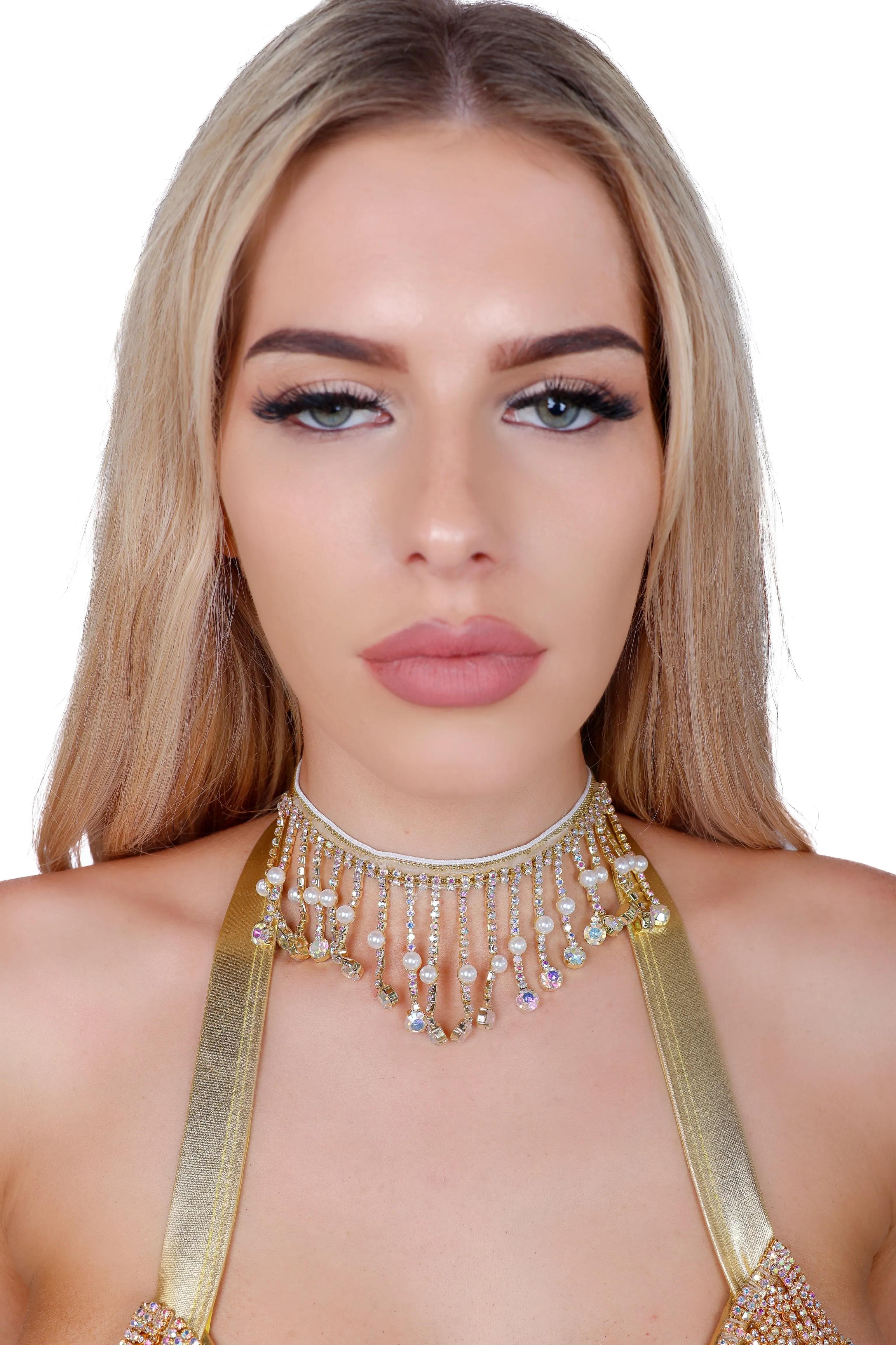 Gold Pearl Rhinestone Necklace