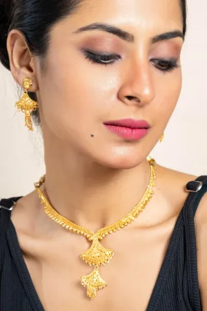 Gold Plated Sleek Necklace with Matching Stud Earrings Jewelry Set - Jewelry for All Occasions