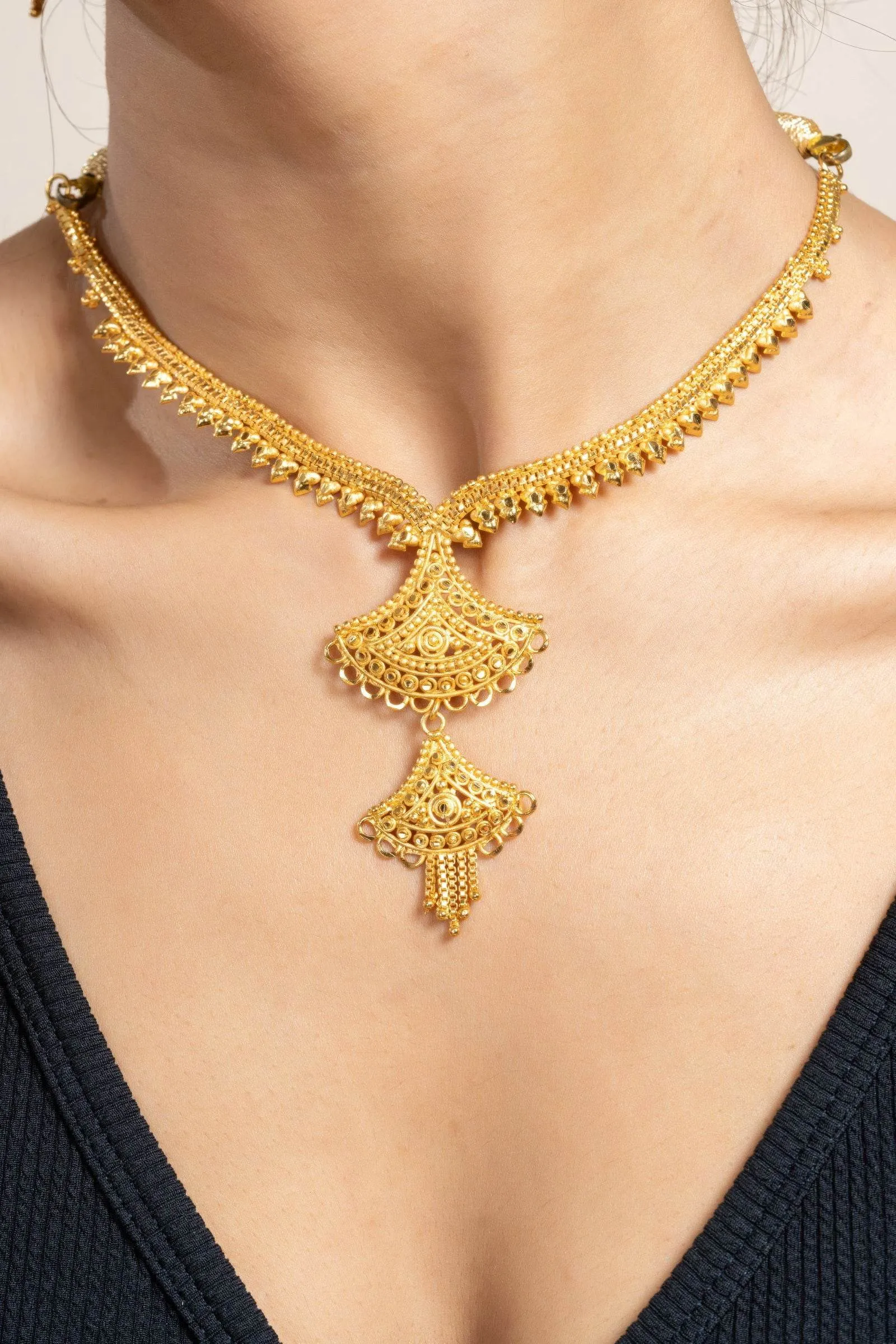 Gold Plated Sleek Necklace with Matching Stud Earrings Jewelry Set - Jewelry for All Occasions