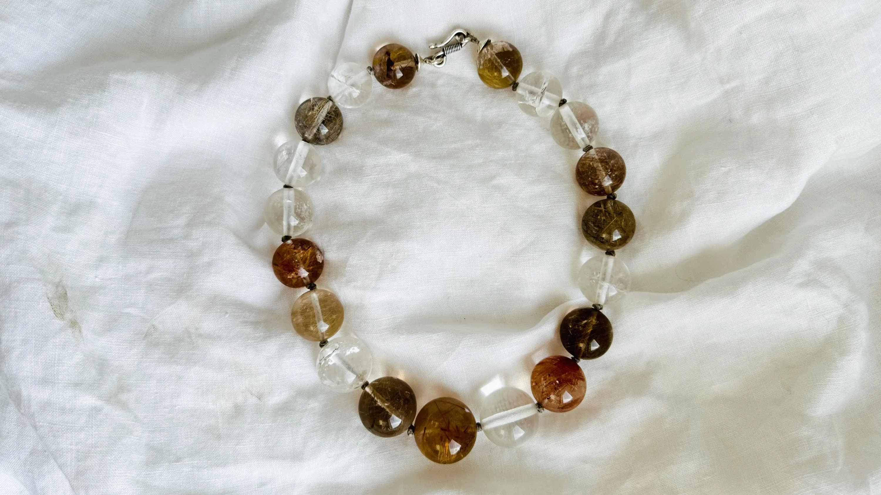 Gold Rutilated Quartz Necklace. Handmade Designer Necklace. Sterling Silver Clasp.