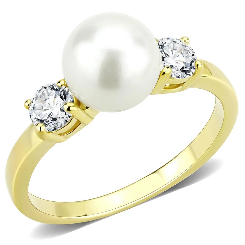 IP Gold(Ion Plating) Stainless Steel Ring with Synthetic Pearl in White for Women Style TK3567