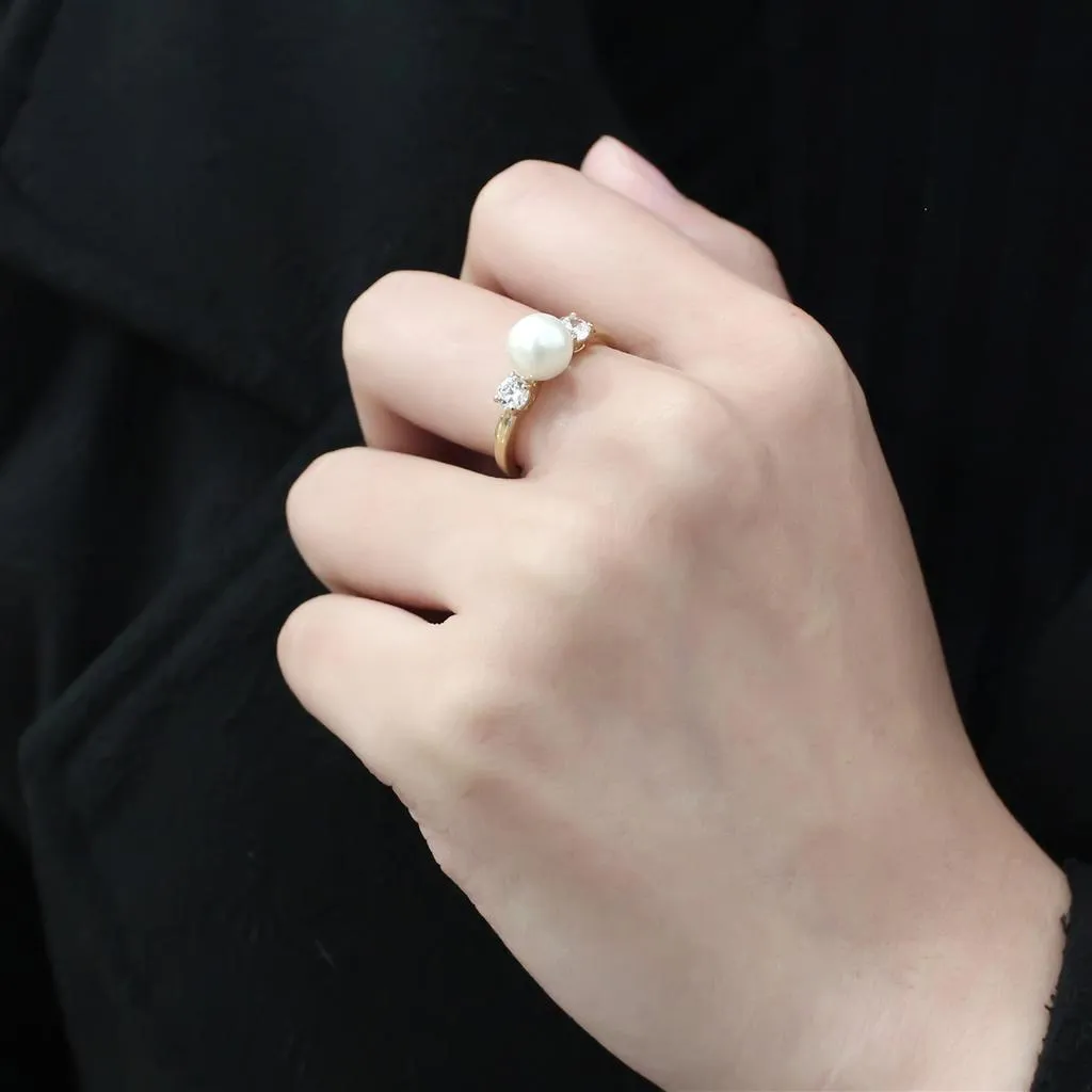 IP Gold(Ion Plating) Stainless Steel Ring with Synthetic Pearl in White for Women Style TK3567