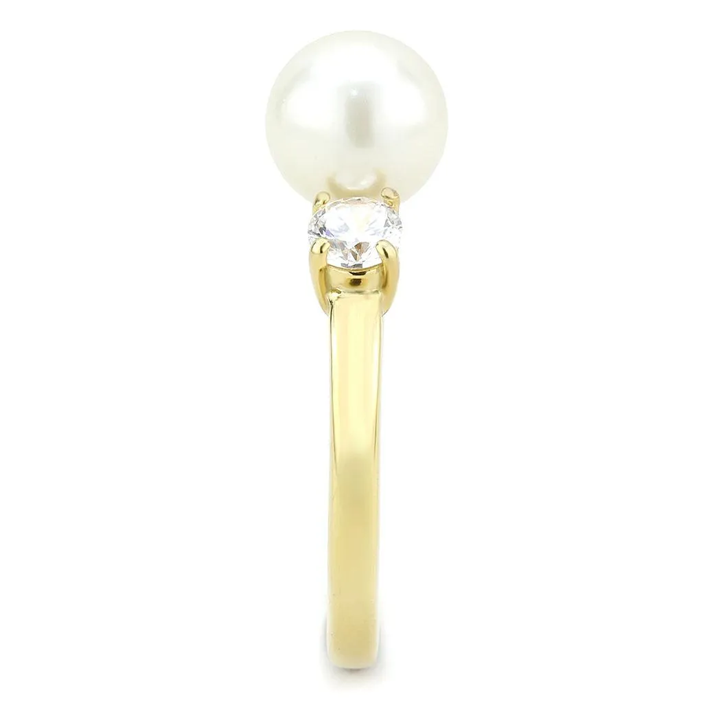 IP Gold(Ion Plating) Stainless Steel Ring with Synthetic Pearl in White for Women Style TK3567