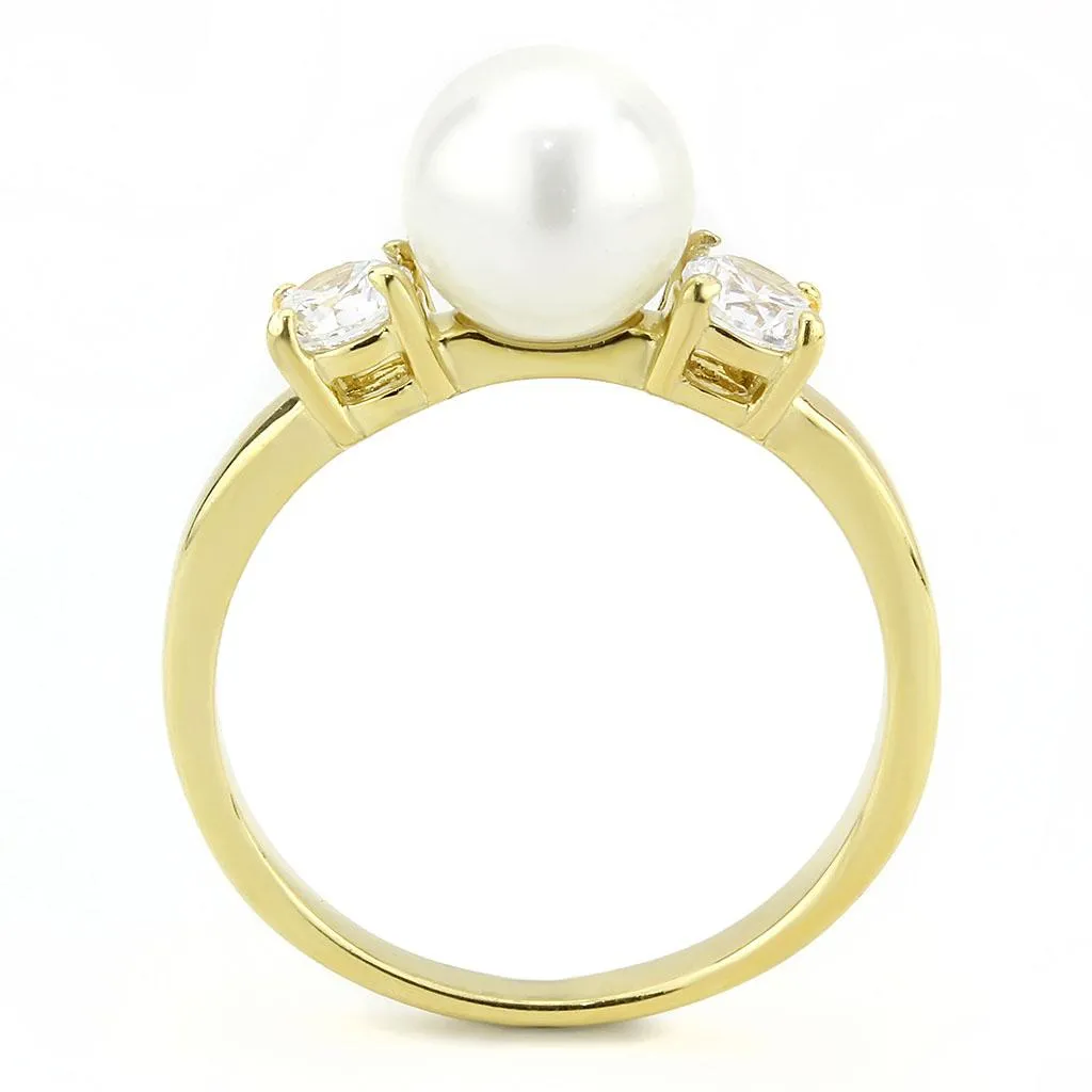 IP Gold(Ion Plating) Stainless Steel Ring with Synthetic Pearl in White for Women Style TK3567