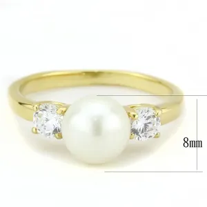 IP Gold(Ion Plating) Stainless Steel Ring with Synthetic Pearl in White for Women Style TK3567