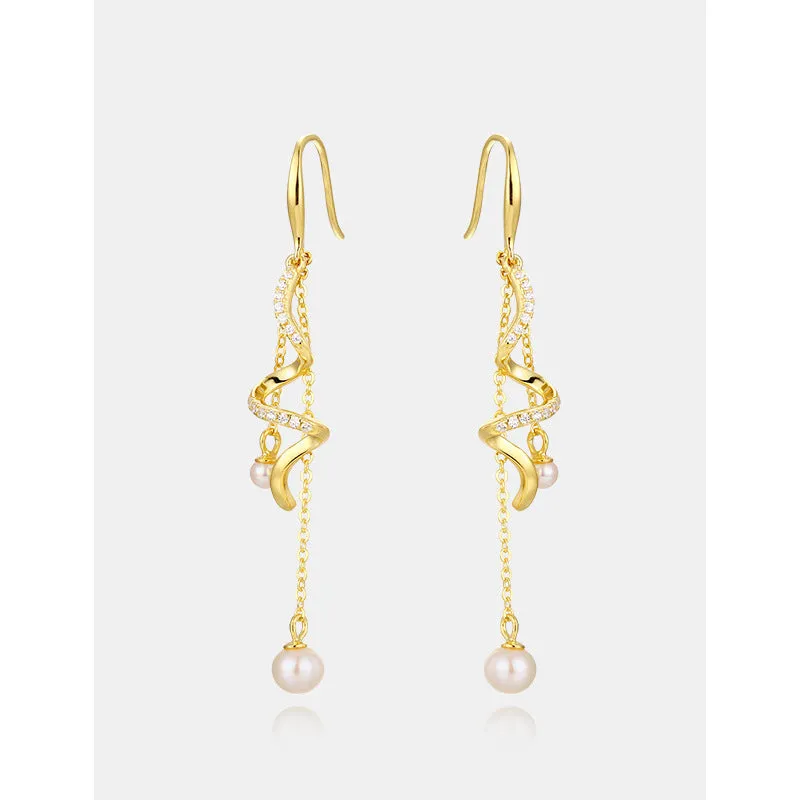 Irregular Spiral Tassel with Pearl Silver Drop Earrings for Women