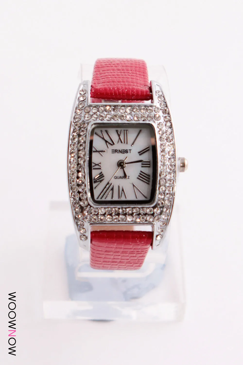 Leather Look Strap Watch with Crystal Bezel