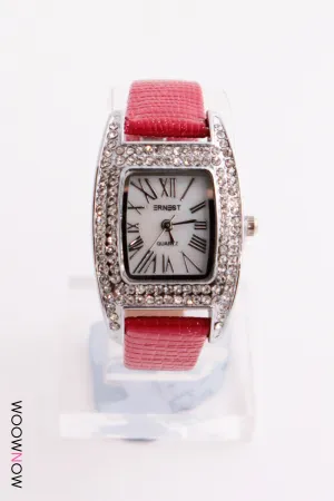 Leather Look Strap Watch with Crystal Bezel