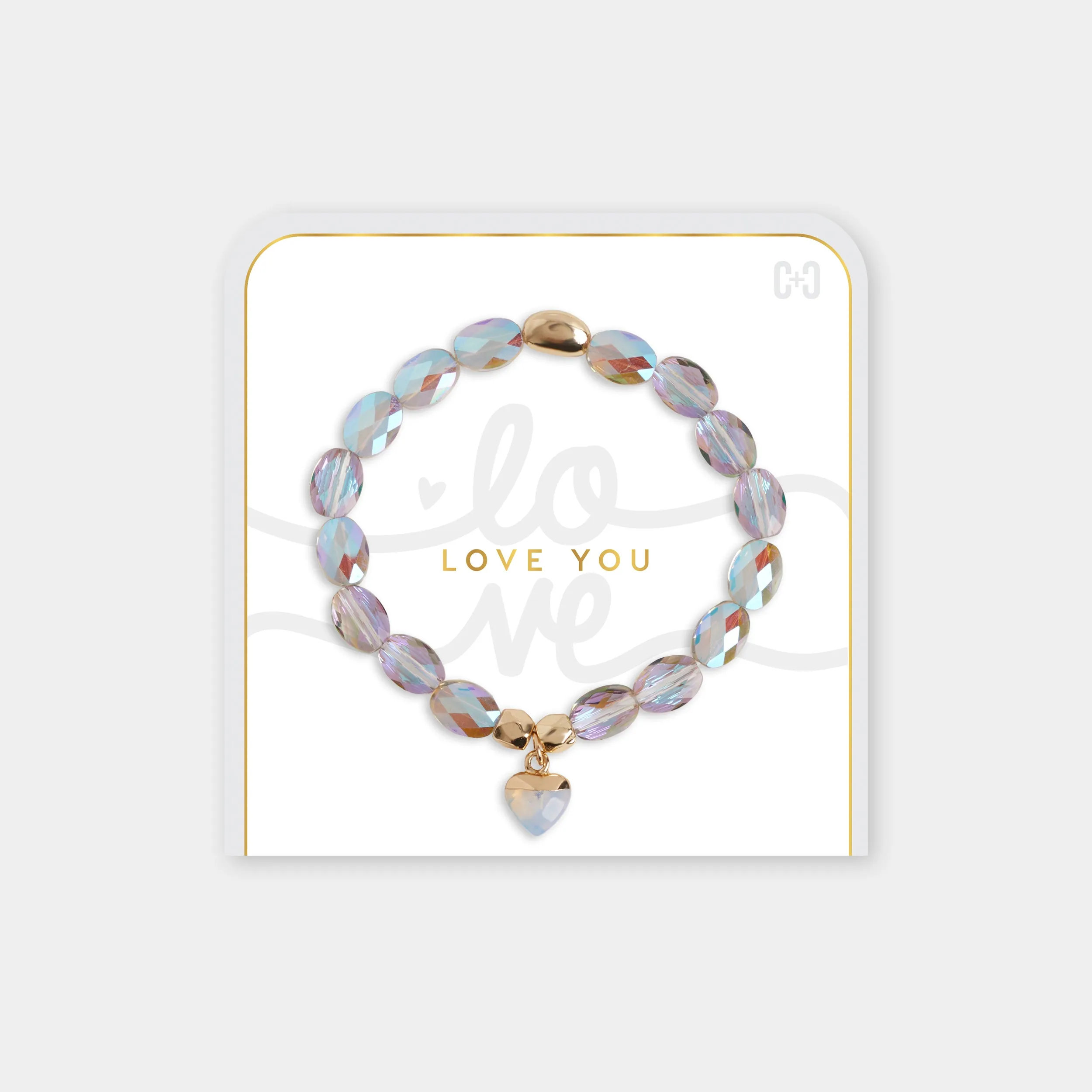 Love You Heart Charm Stretch Bracelet - Clear