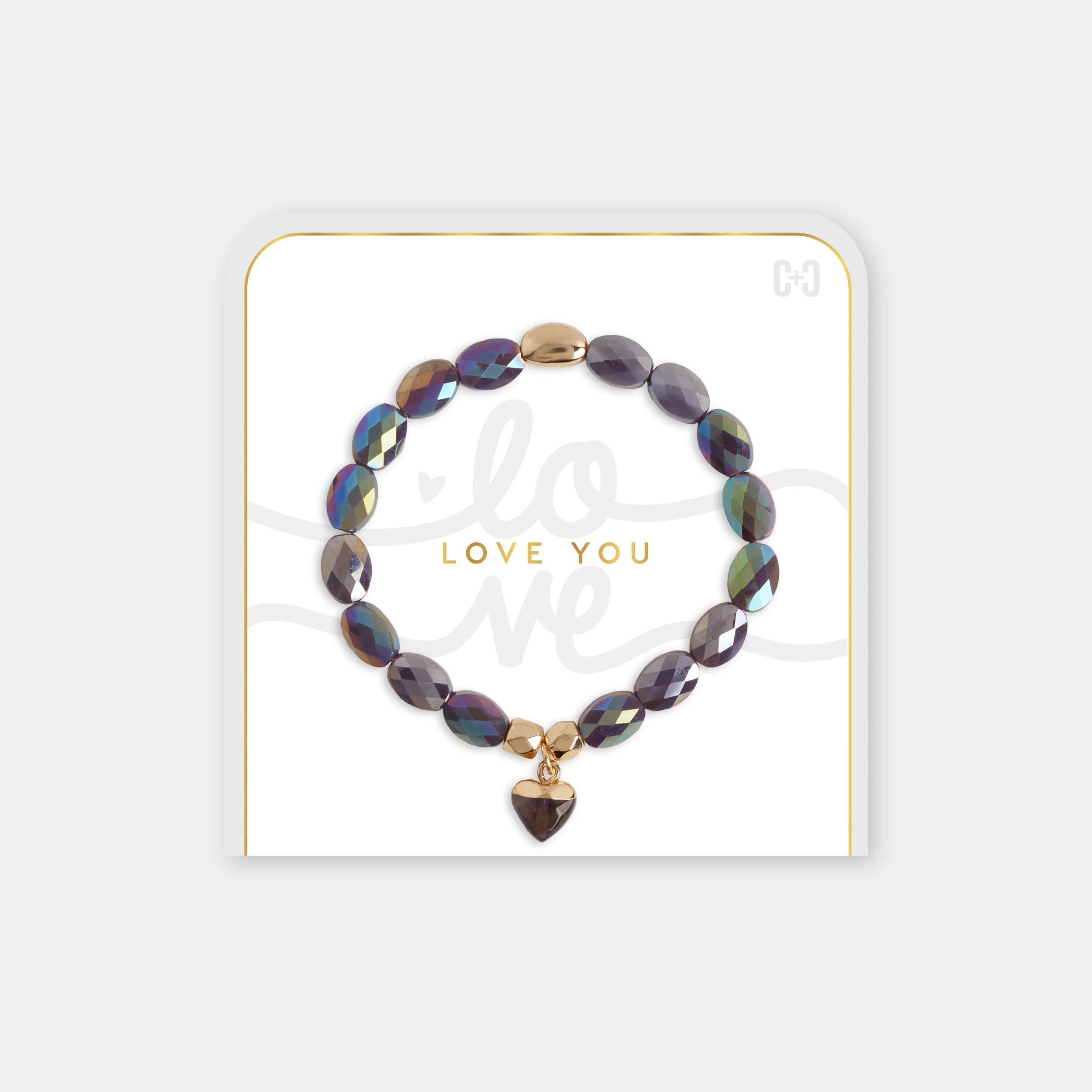 Love You Heart Charm Stretch Bracelet - Grey
