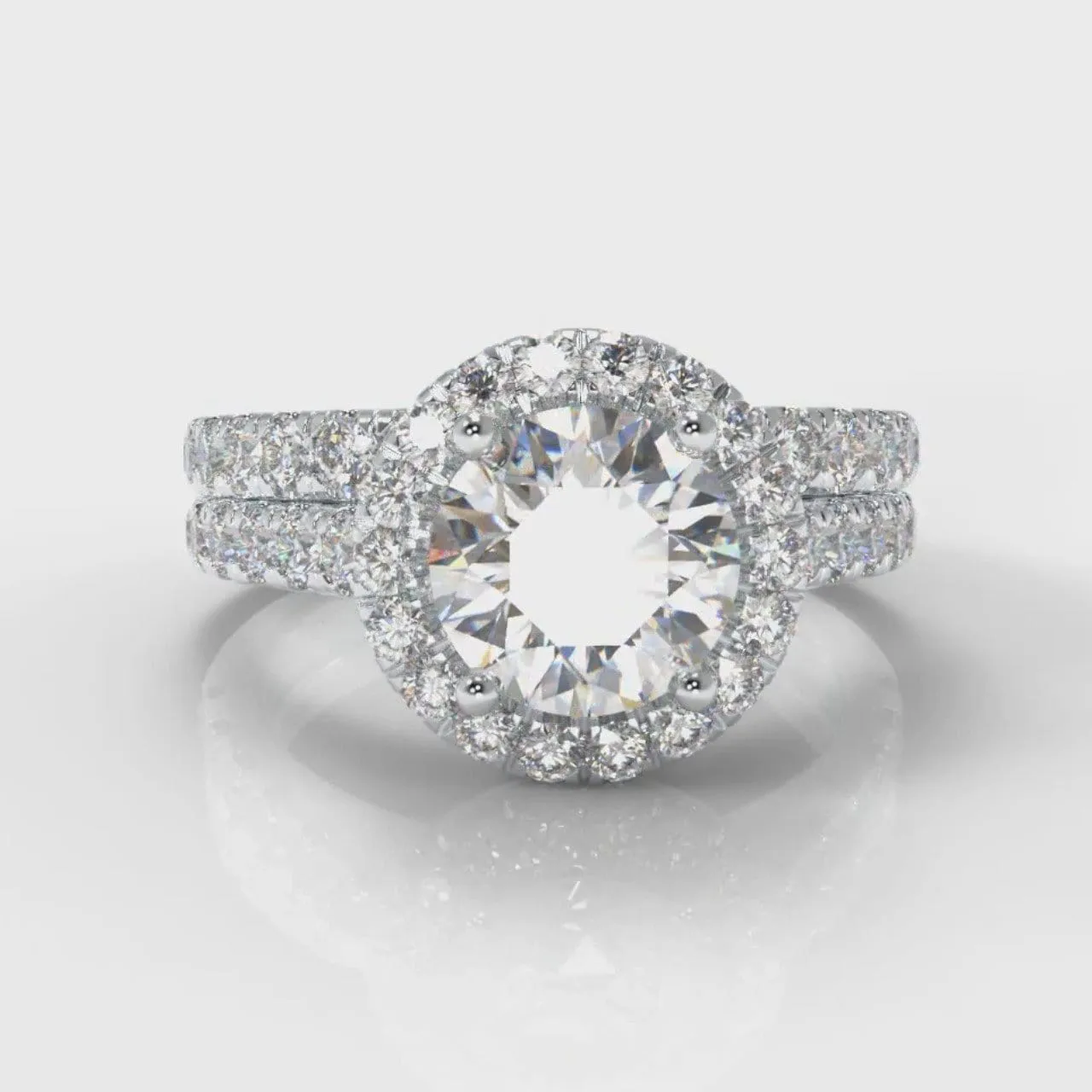 Micropavé Round Brilliant Cut Diamond Halo Bridal Set