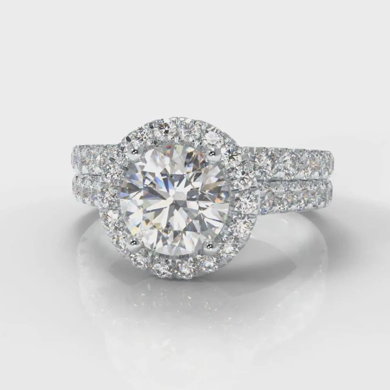 Micropavé Round Brilliant Cut Diamond Halo Bridal Set