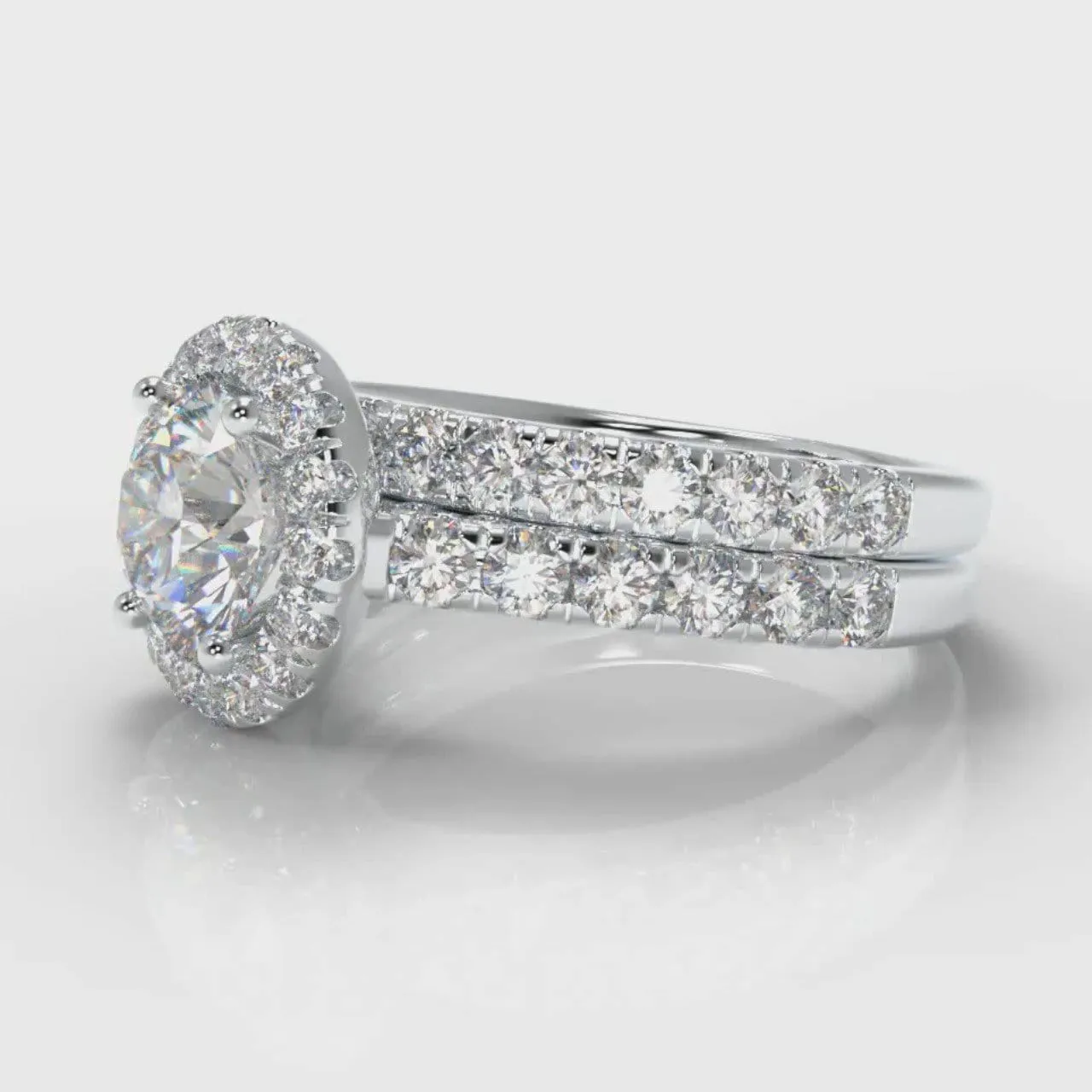Micropavé Round Brilliant Cut Diamond Halo Bridal Set