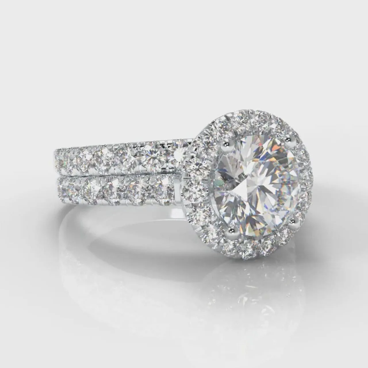Micropavé Round Brilliant Cut Diamond Halo Bridal Set