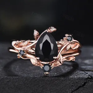 Nature Inspired Natural Black Onyx Engagement Ring Set Vintage Antique Leaf Twig Branch Black Bridal Set 1.25ct Pear Black Onyx Wedding Ring