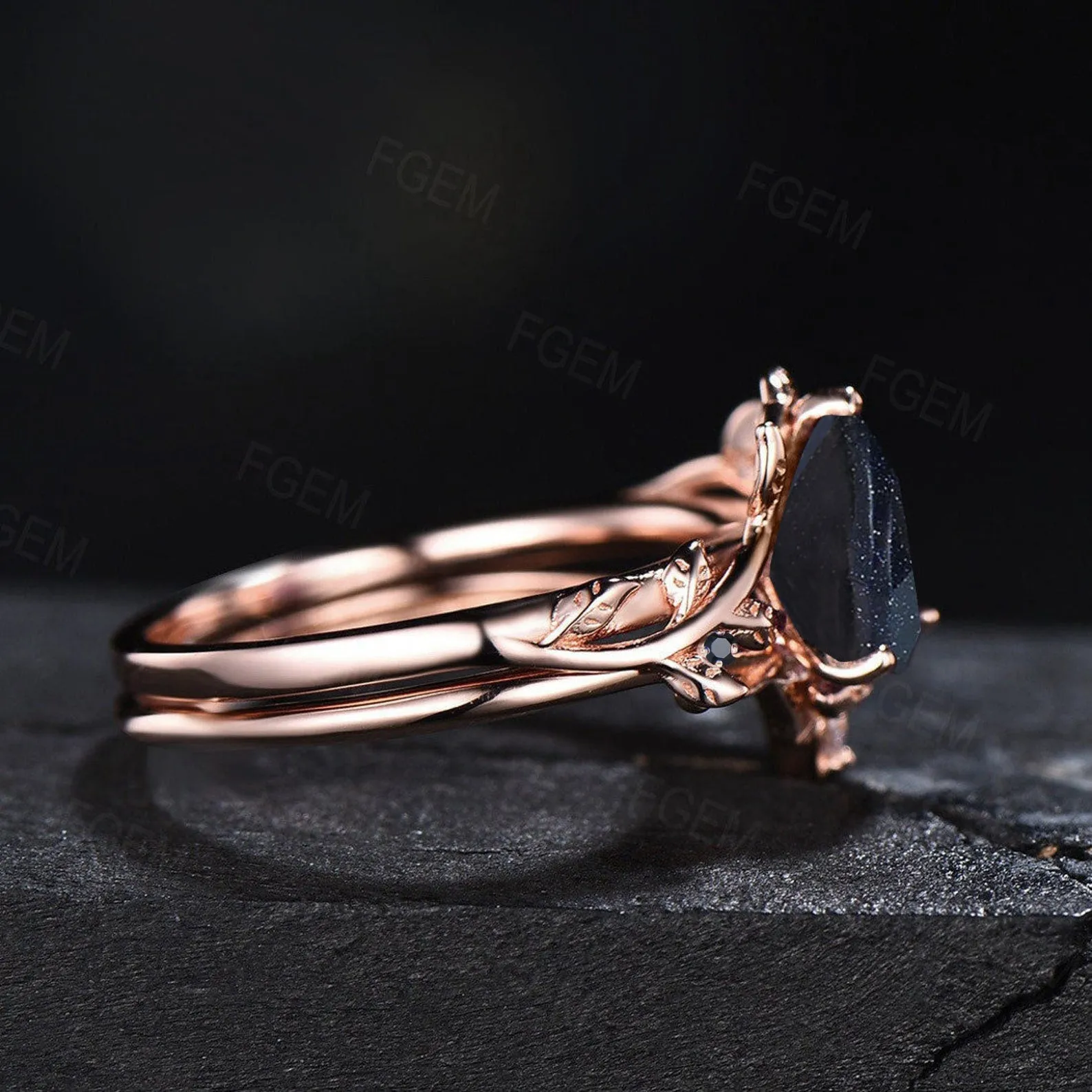 Nature Inspired Natural Black Onyx Engagement Ring Set Vintage Antique Leaf Twig Branch Black Bridal Set 1.25ct Pear Black Onyx Wedding Ring