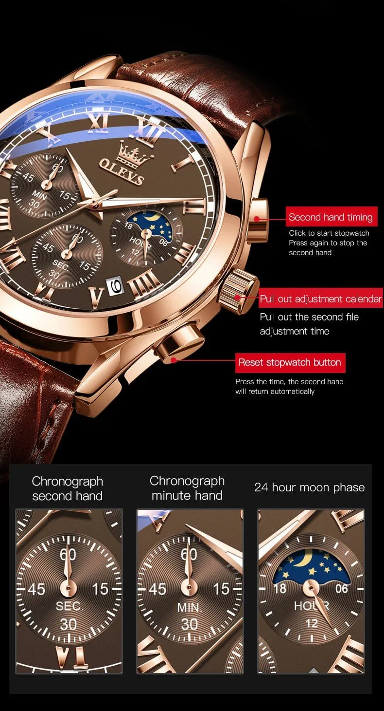 Olevs OEM Classic Crow Leather Luminous Strap Business Men's Quartz watches