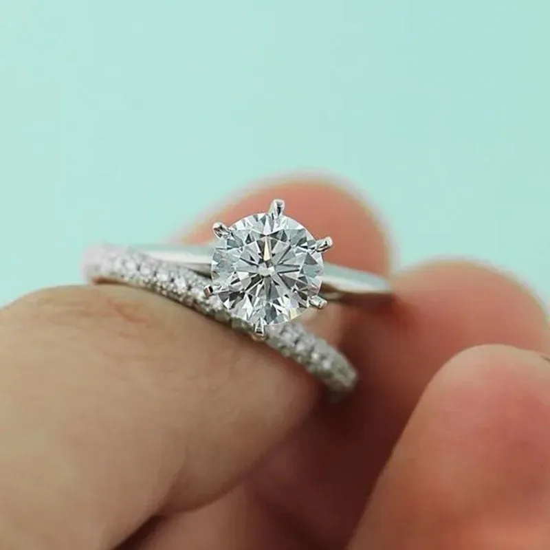 Original Six Prong Set Solitaire Diamond Simulation CZ Classic Silver Plated Engagement Ring