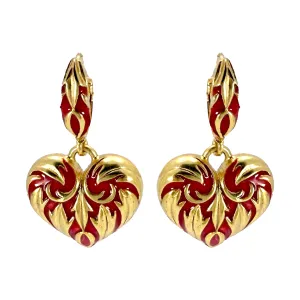 Oscar de la Renta Red Heart Romantic Enamel and Gold Plated Leverback Earrings