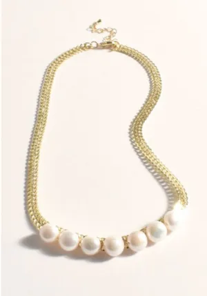 Patterned Chain Pearl Front Necklace Cream/Gold