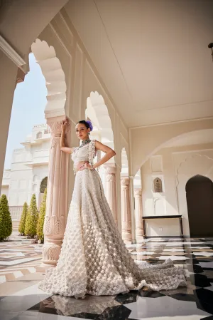 Pearl Embellished White Lehenga Set With Veil