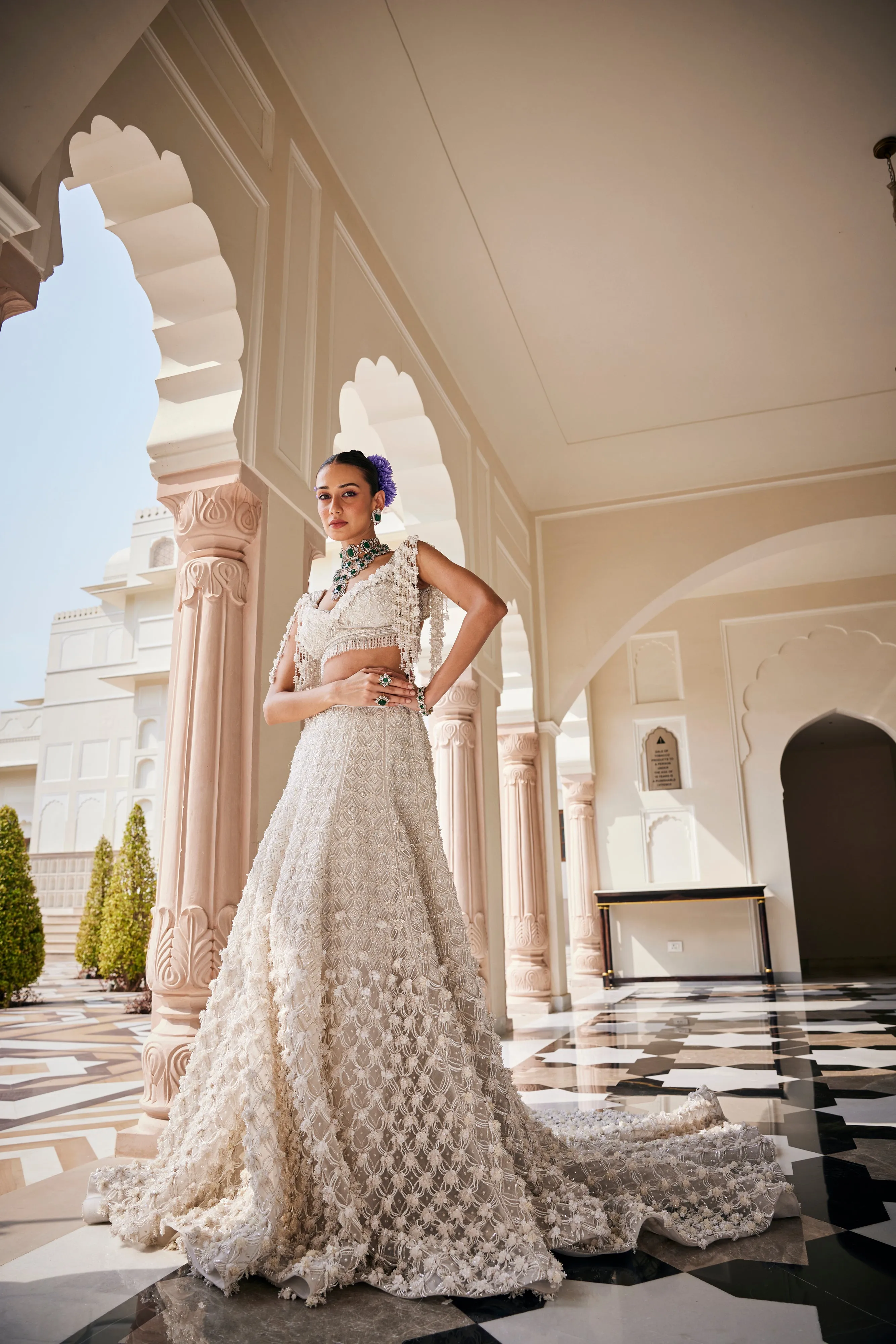 Pearl Embellished White Lehenga Set With Veil
