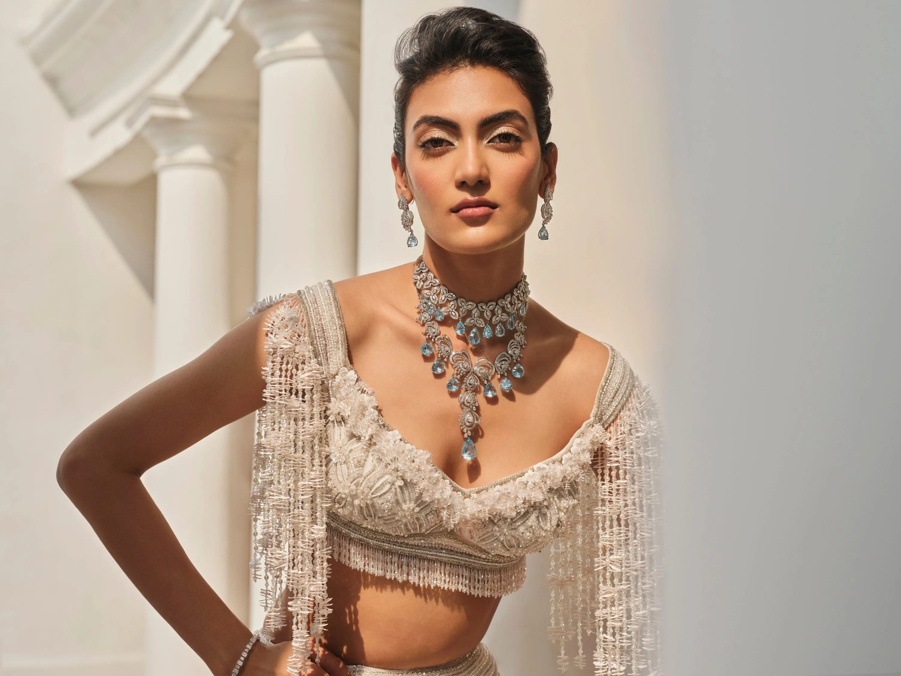 Pearl Embellished White Lehenga Set With Veil