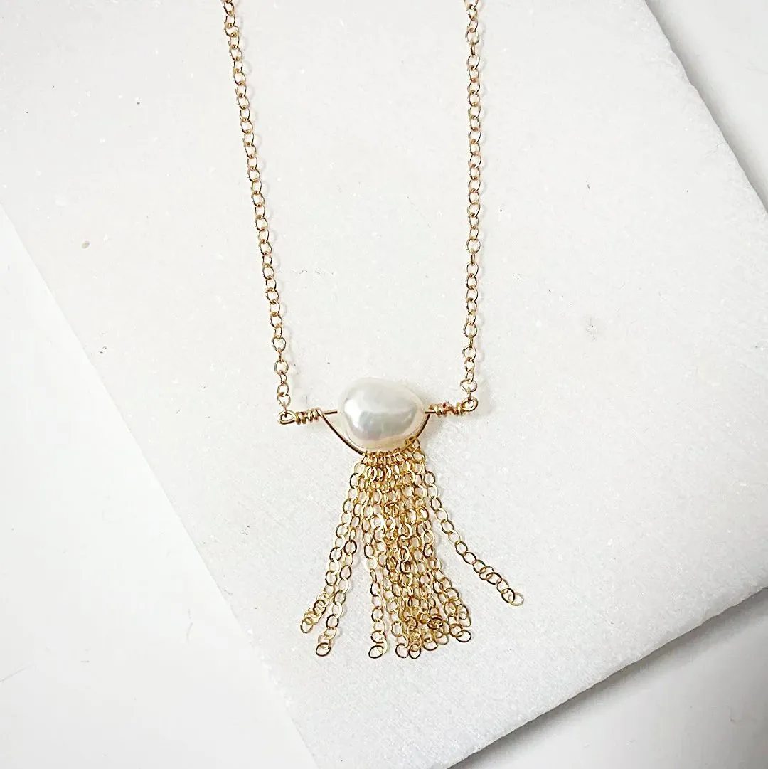 Pearl with Gold Filled Chain Tassels Necklace