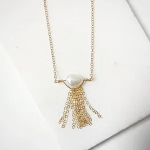 Pearl with Gold Filled Chain Tassels Necklace