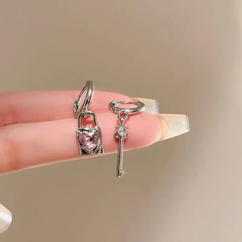 Pink Crystal Heart Dangling Key Lock Huggie Hoop Earrings