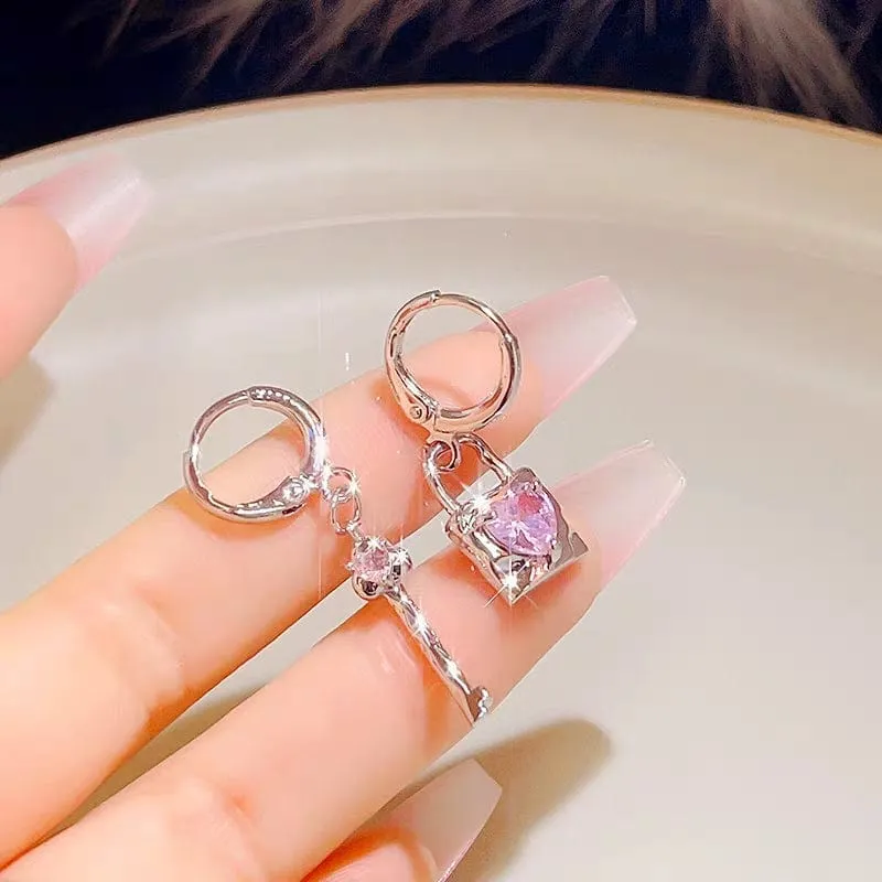 Pink Crystal Heart Dangling Key Lock Huggie Hoop Earrings