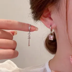 Pink Crystal Heart Dangling Key Lock Huggie Hoop Earrings