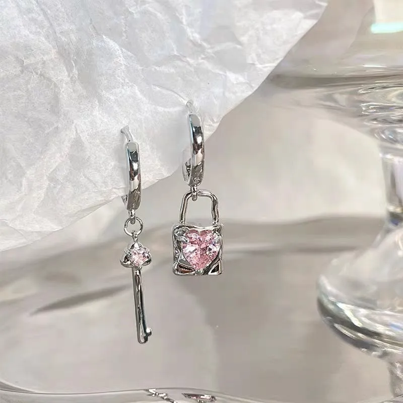 Pink Crystal Heart Dangling Key Lock Huggie Hoop Earrings