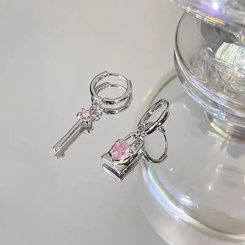 Pink Crystal Heart Dangling Key Lock Huggie Hoop Earrings