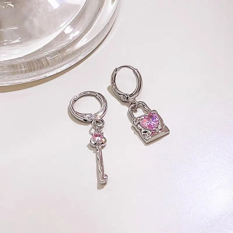 Pink Crystal Heart Dangling Key Lock Huggie Hoop Earrings