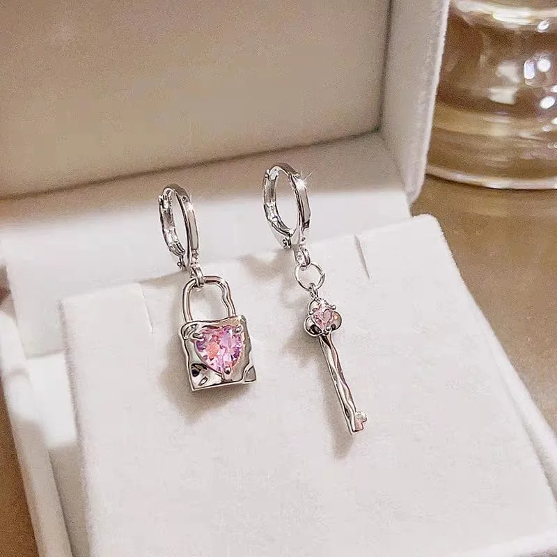 Pink Crystal Heart Dangling Key Lock Huggie Hoop Earrings