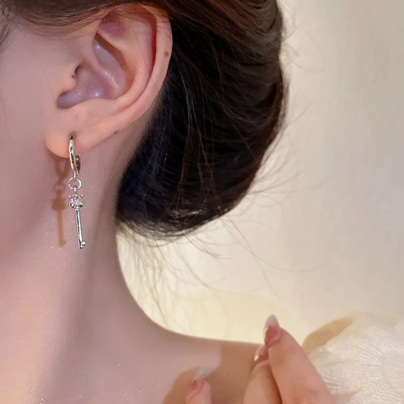 Pink Crystal Heart Dangling Key Lock Huggie Hoop Earrings