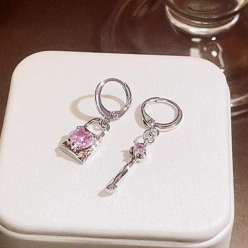 Pink Crystal Heart Dangling Key Lock Huggie Hoop Earrings