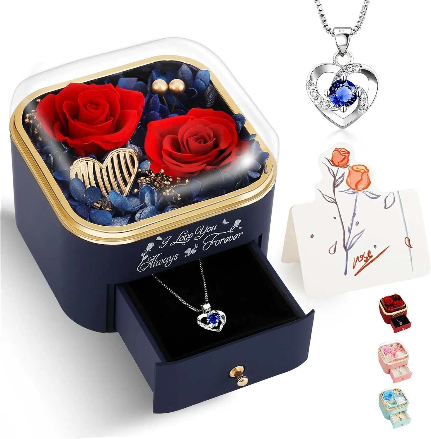Preserved Red Real Roses with Necklace Gifts for Her