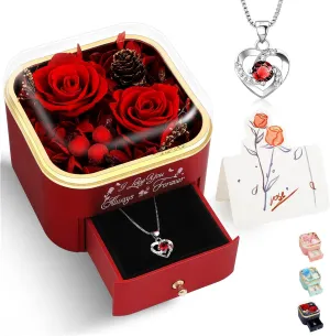 Preserved Red Real Roses with Necklace Gifts for Her