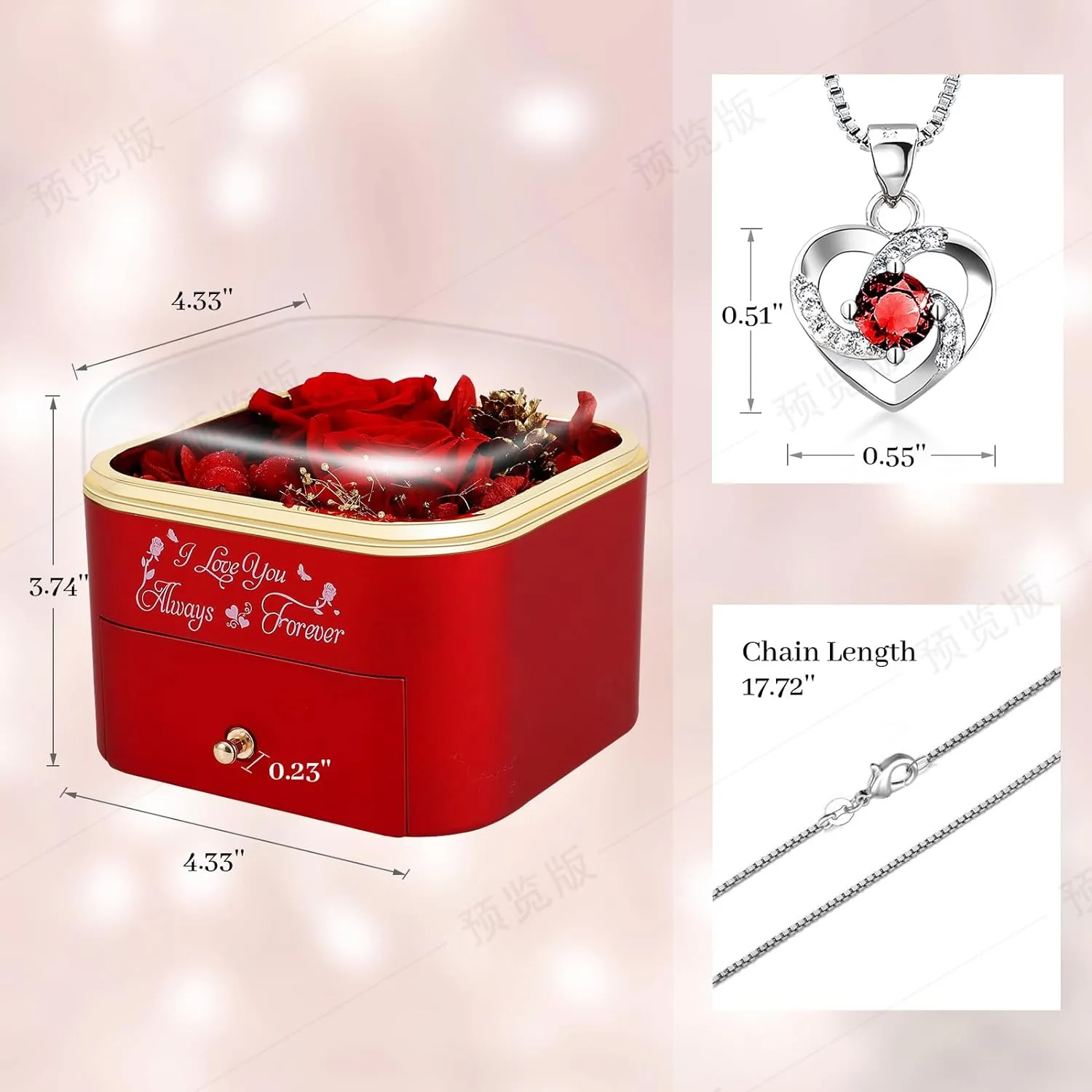 Preserved Red Real Roses with Necklace Gifts for Her