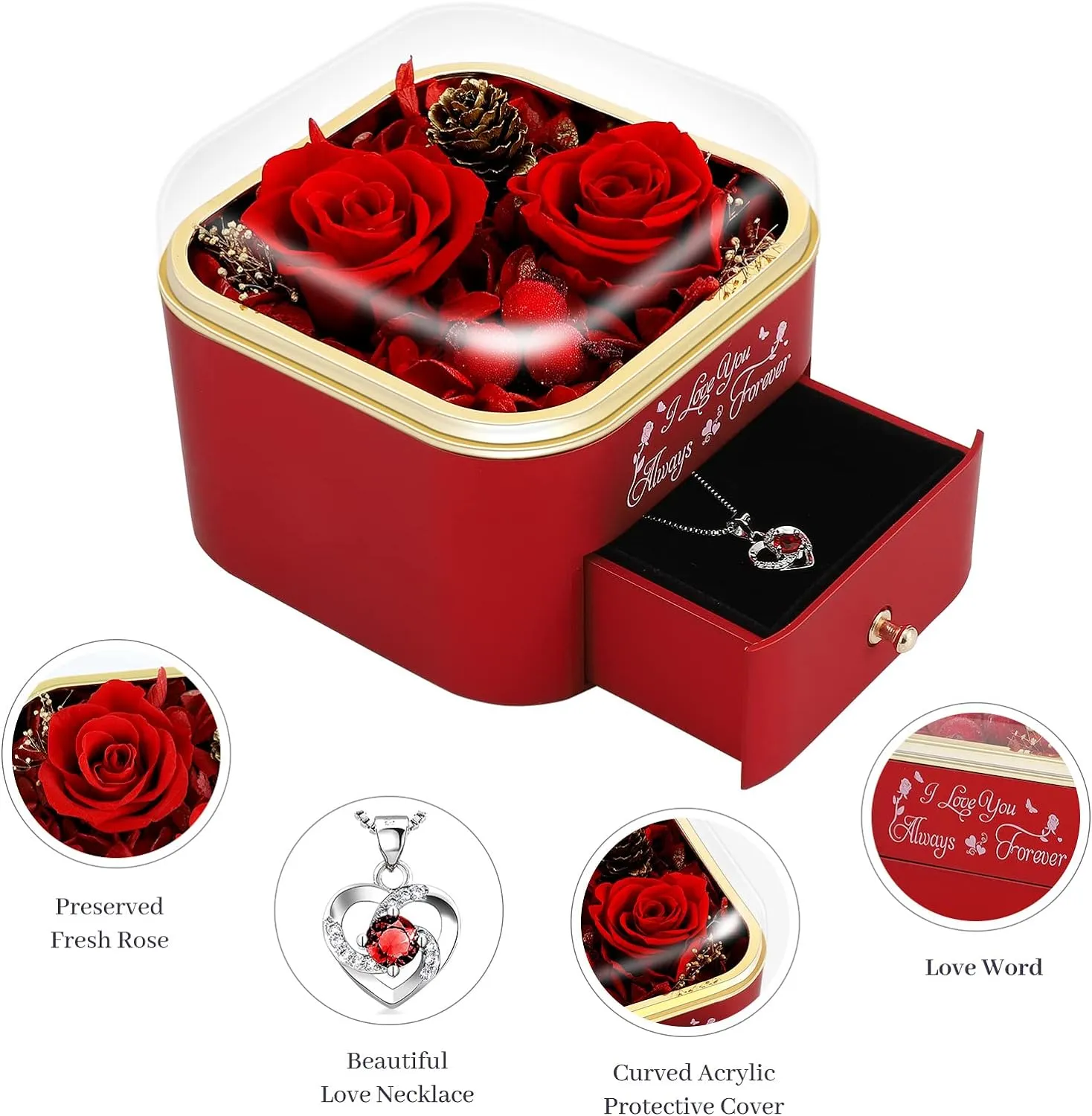 Preserved Red Real Roses with Necklace Gifts for Her